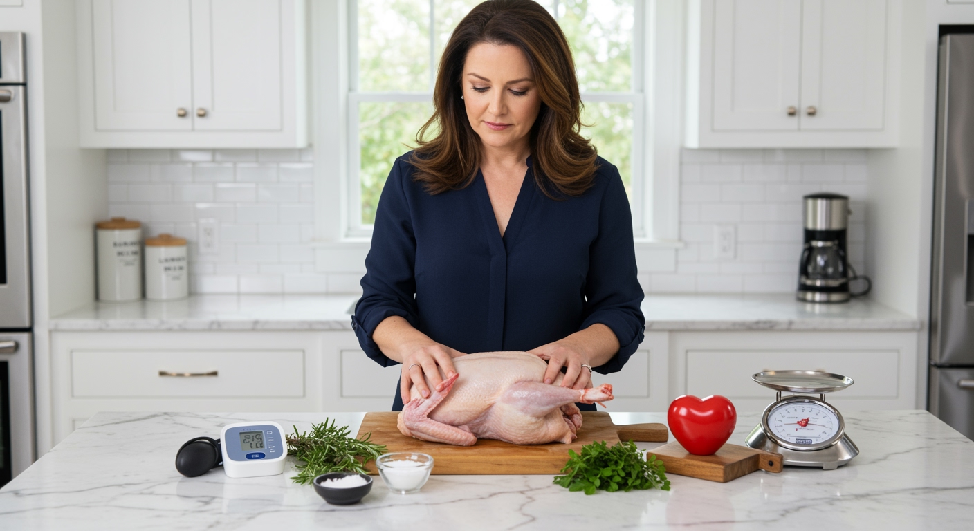 Middle-aged woman examining raw guinea fowl on marble counter with blood pressure monitor and cooking ingredients