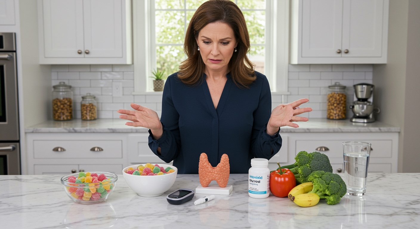 Woman standing behind marble counter examining gummy bears, thyroid model, and health items in bright modern kitchen