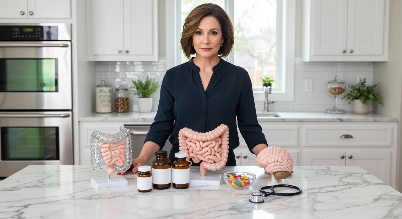 Middle-aged woman standing behind marble counter with gut model, brain model, supplement bottles, and medical tools in bright kitchen