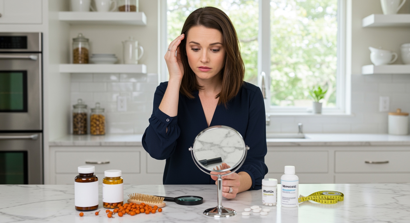 Young woman touching hairline while examining hair loss supplements and treatments on marble kitchen counter