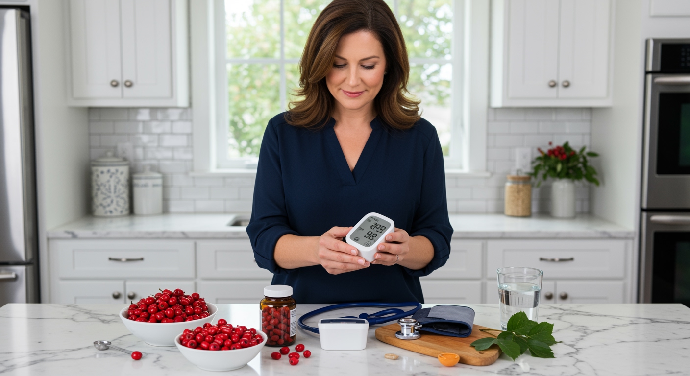Middle-aged woman examining blood pressure monitor with hawthorn berries and supplements arranged on marble countertop