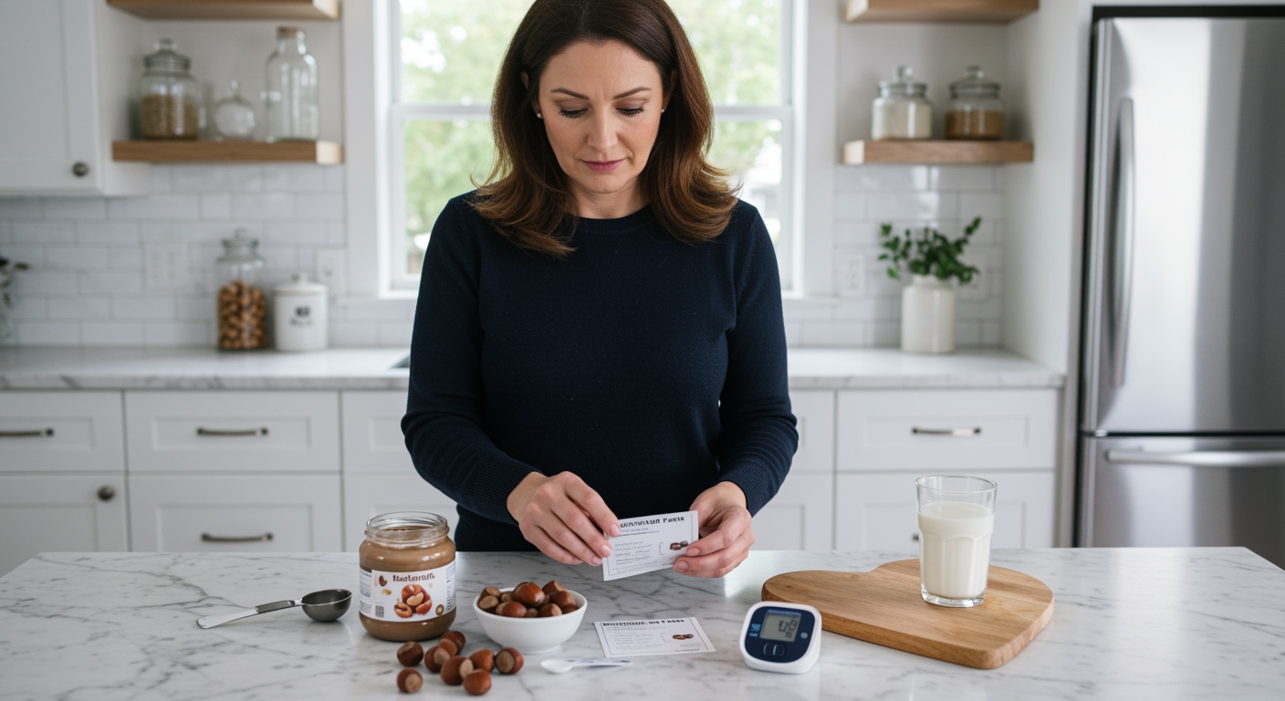 Woman examining nutrition label of hazelnut cream with blood pressure monitor and fresh hazelnuts on white marble countertop