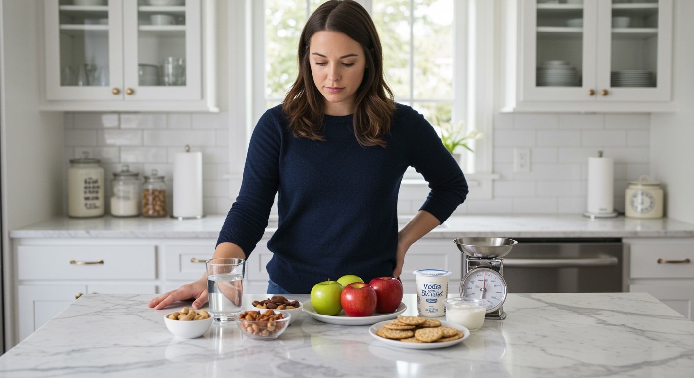 Woman in navy sweater standing behind marble counter with healthy foods including nuts, apples, crackers, and yogurt in bright kitchen