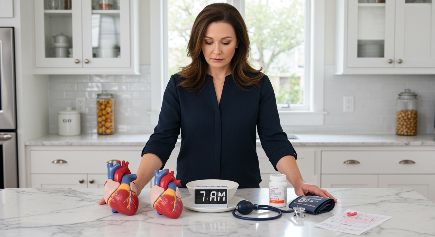 Woman standing behind marble countertop examining heart model and empty breakfast bowl with medical equipment in modern kitchen