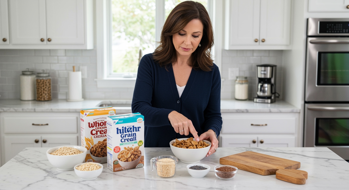 Middle-aged woman examining cereal products on marble counter with blood pressure monitor and whole grains visible in kitchen