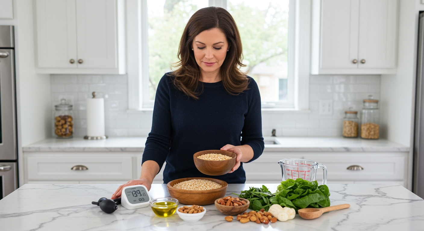 Middle-aged woman examining bowl of freekeh grains on marble counter with blood pressure monitor and heart-healthy foods