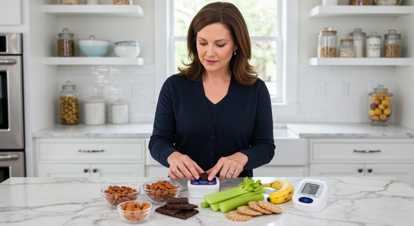 Middle-aged woman in navy cardigan examining healthy snacks and blood pressure monitor on white marble kitchen countertop