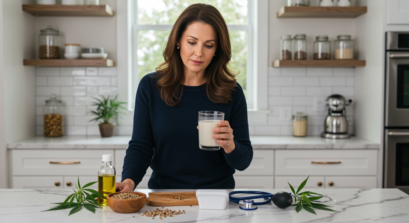 Woman holding hemp milk glass standing behind marble counter with blood pressure monitor and hemp products in modern kitchen