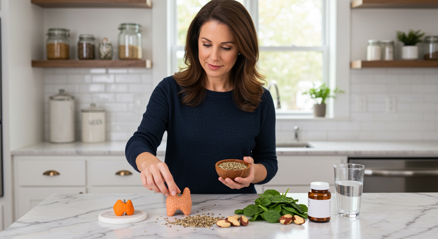 Woman holding wooden bowl of hemp seeds while examining scattered seeds on marble countertop with thyroid model and supplements