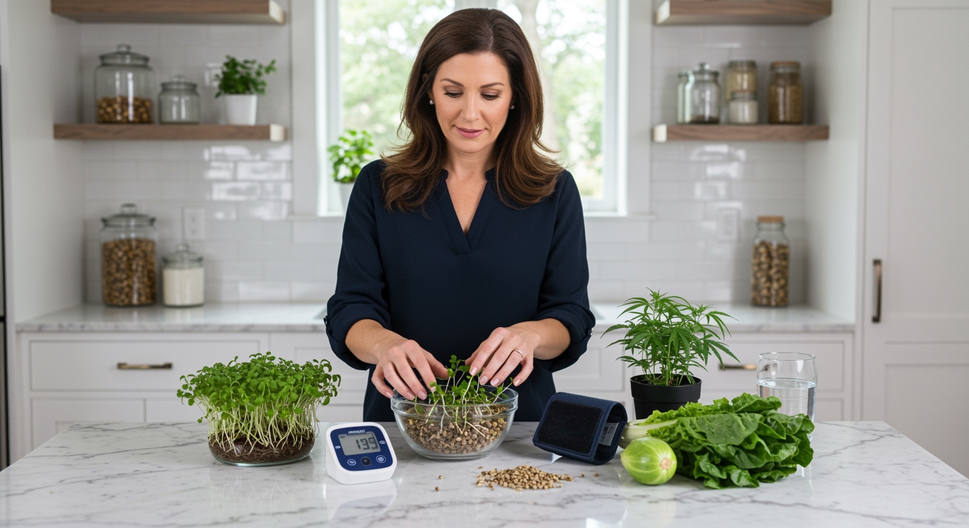 Woman touching hemp sprouts in glass bowl next to blood pressure monitor on white marble countertop in bright kitchen