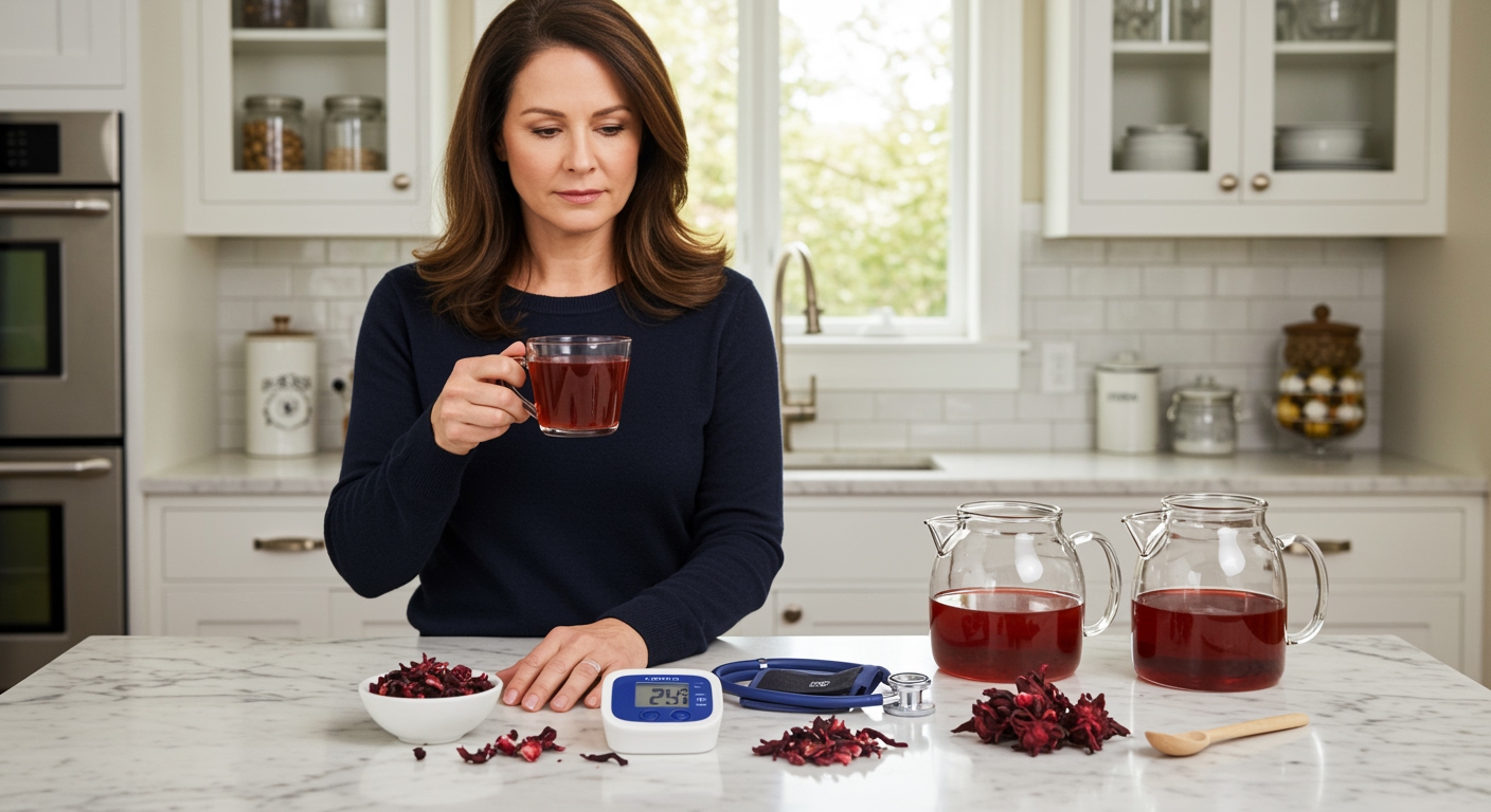 Woman holding hibiscus tea cup with blood pressure monitor and health items on white marble kitchen counter