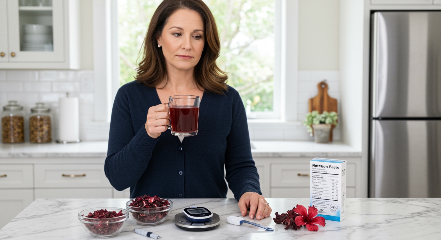 Woman holding red hibiscus tea mug with glucose meter and hibiscus petals on white marble counter in modern kitchen