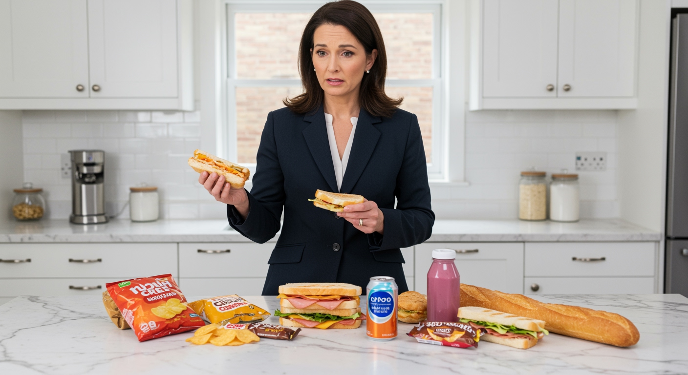 Business woman pointing at meal deal items including sandwich, crisps, and drinks on white marble kitchen counter