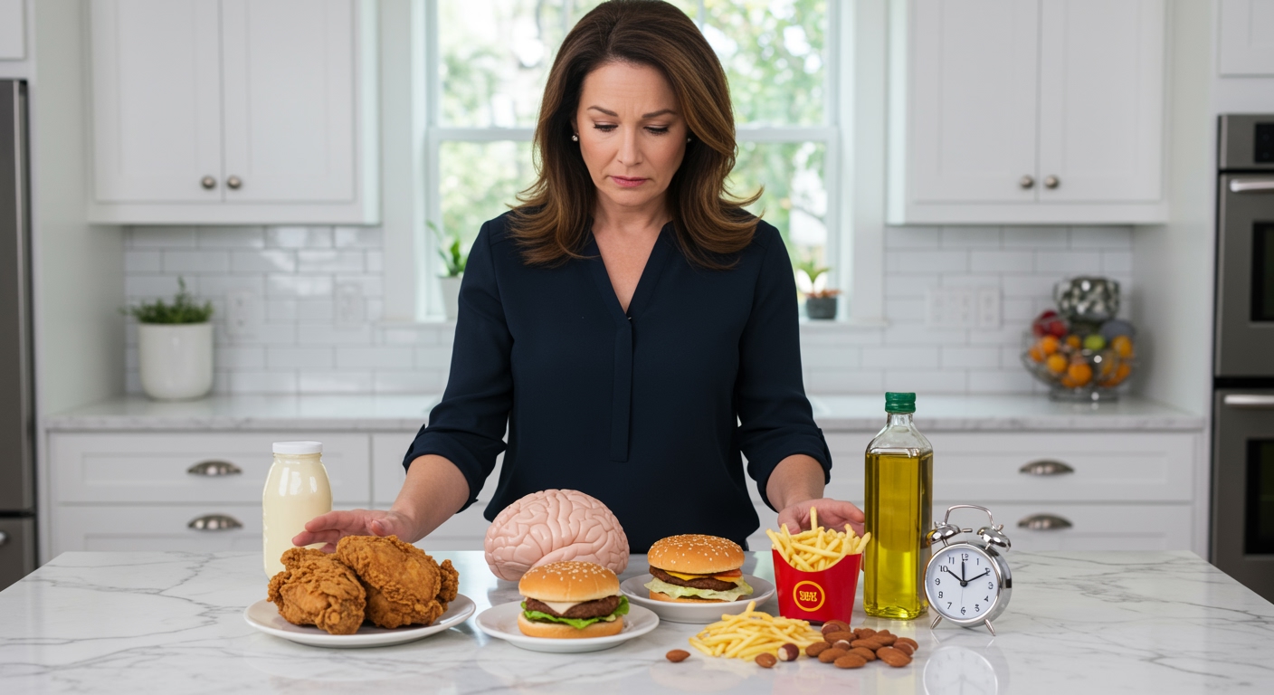 Woman standing behind marble countertop with brain model, fried foods, and clock showing connection between diet and memory