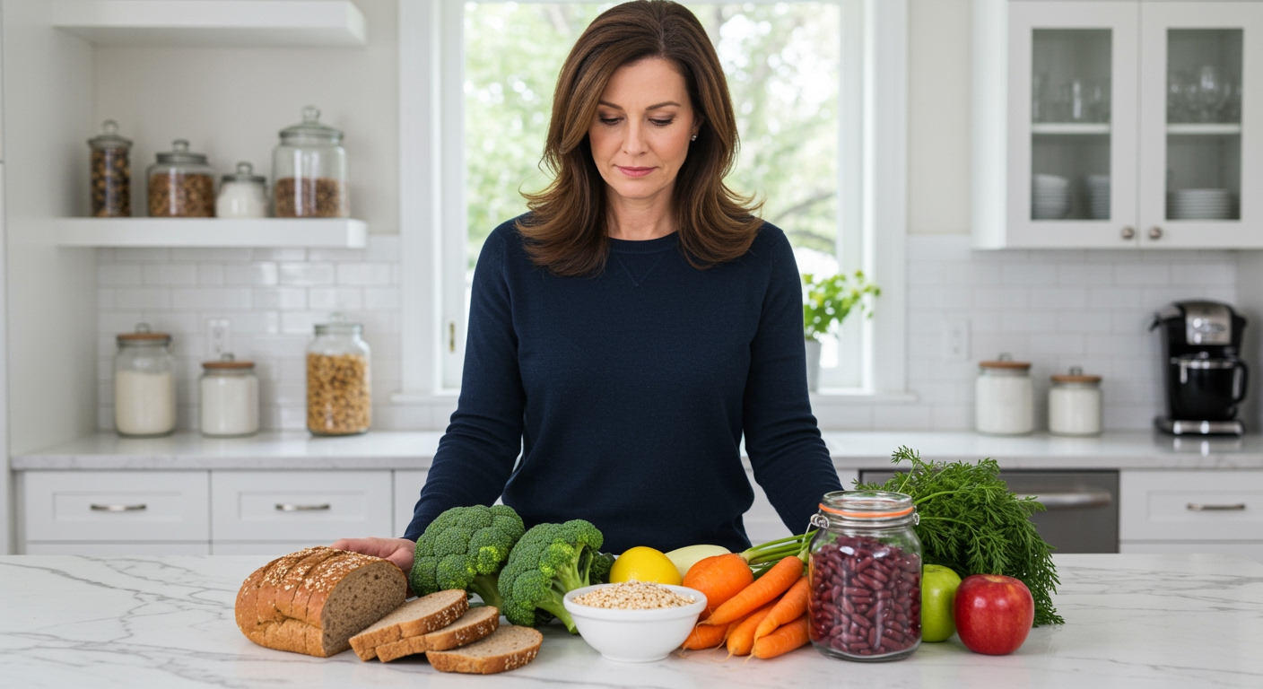 Middle-aged woman standing behind marble counter examining high-fiber foods including oats, vegetables, and whole grains in modern kitchen