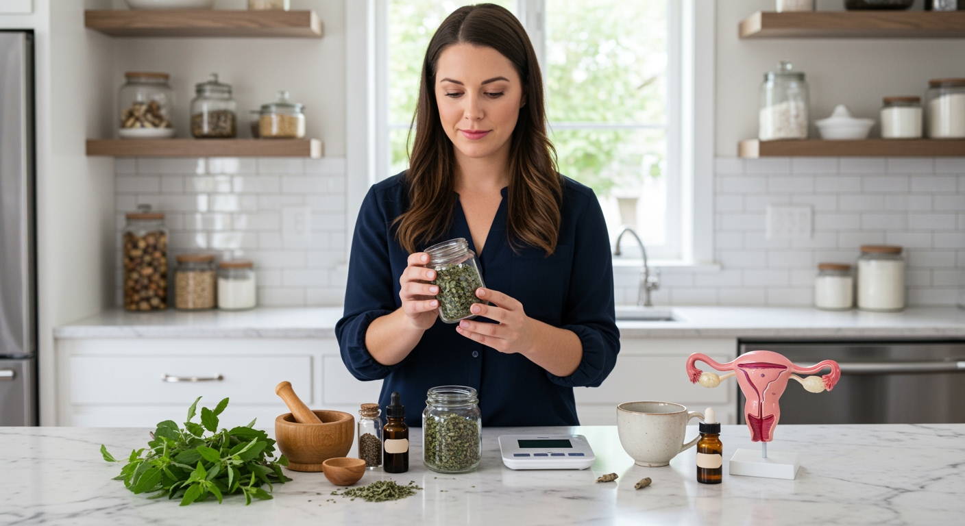 Young woman holding glass jar of dried holy basil leaves behind marble counter with fresh herbs and wellness items in bright kitchen