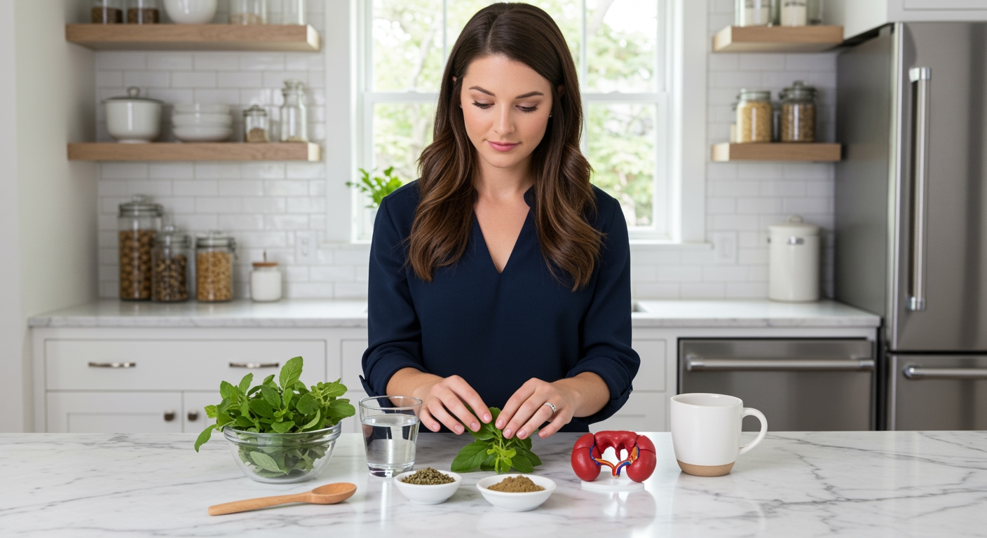 Woman touching fresh holy basil leaves on marble counter with stress relief items and adrenal gland model in bright kitchen