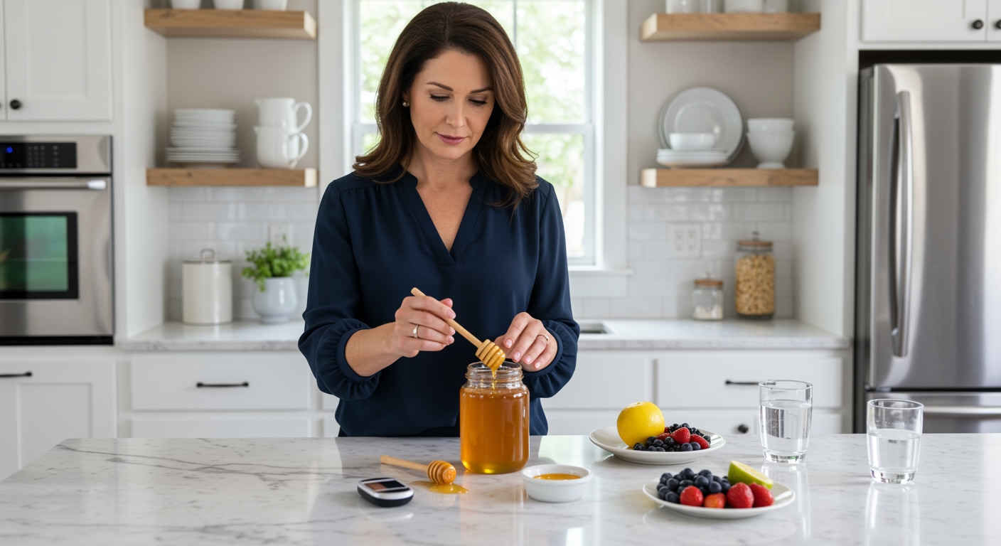 Middle-aged woman holding honey dipper examining glass honey jar on marble countertop with glucose meter and berries nearby
