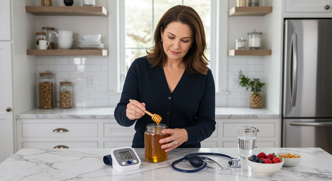 Woman holding honey jar and wooden dipper behind marble counter with blood pressure monitor and medical equipment visible
