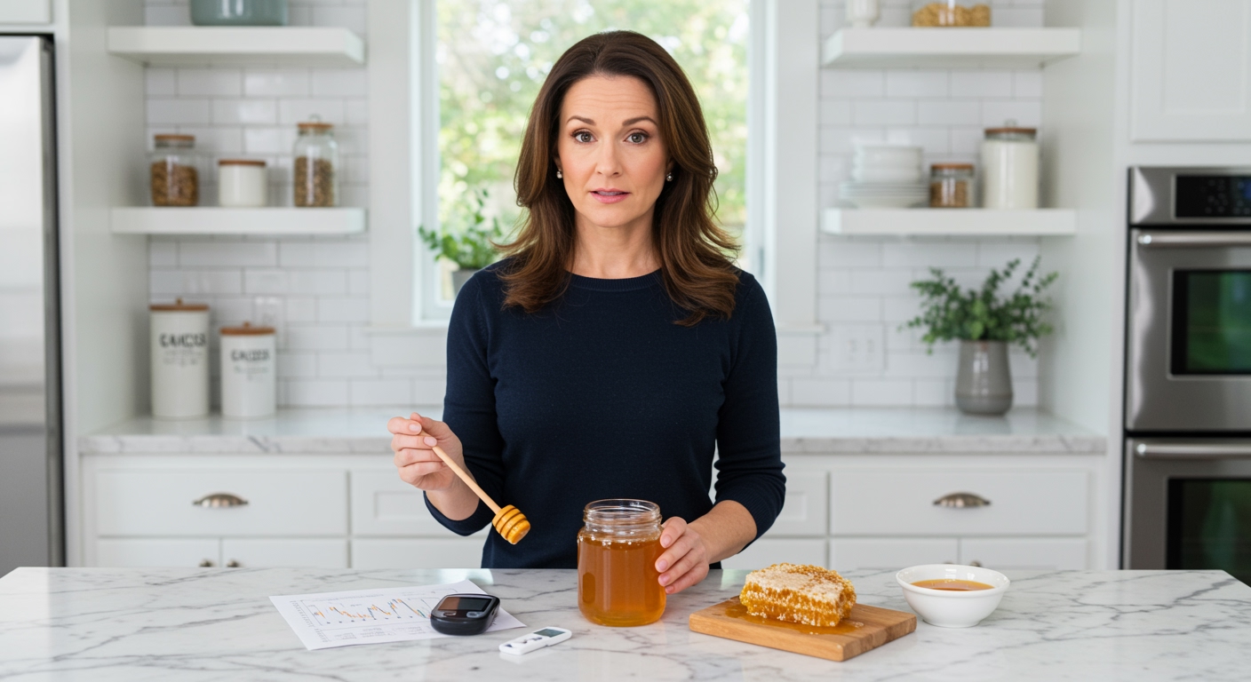 Woman holding honey dipper standing behind marble counter with glucose meter, honey jar, and blood sugar monitoring supplies