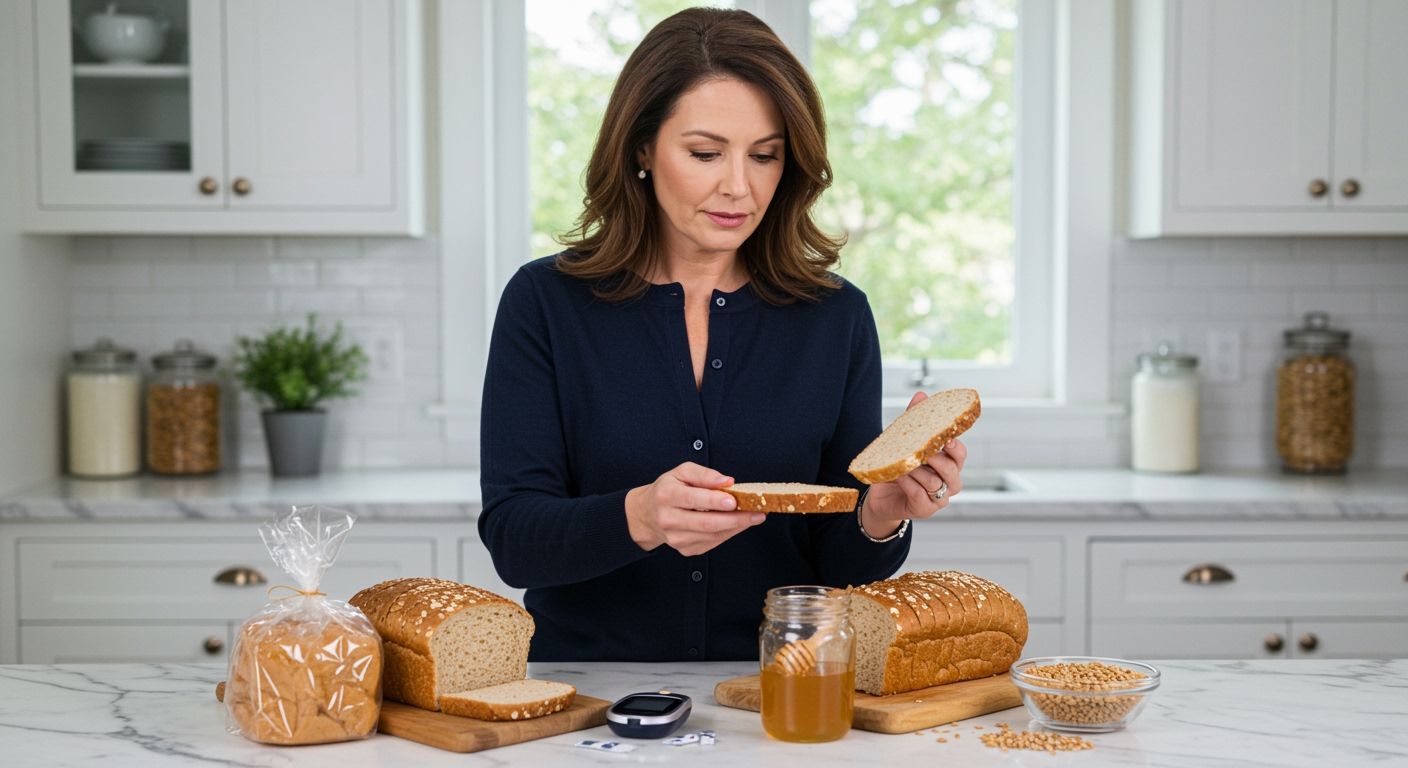 Middle-aged woman holding honey-wheat bread slice while standing behind marble counter with glucose meter and bread varieties