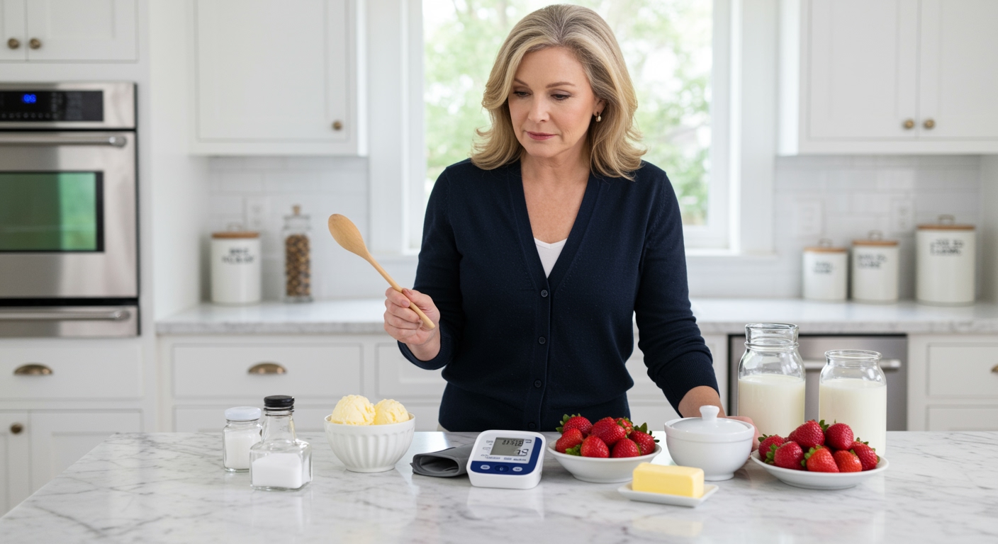 Middle-aged woman standing behind marble counter with ice cream bowl, blood pressure monitor, and various food items in kitchen