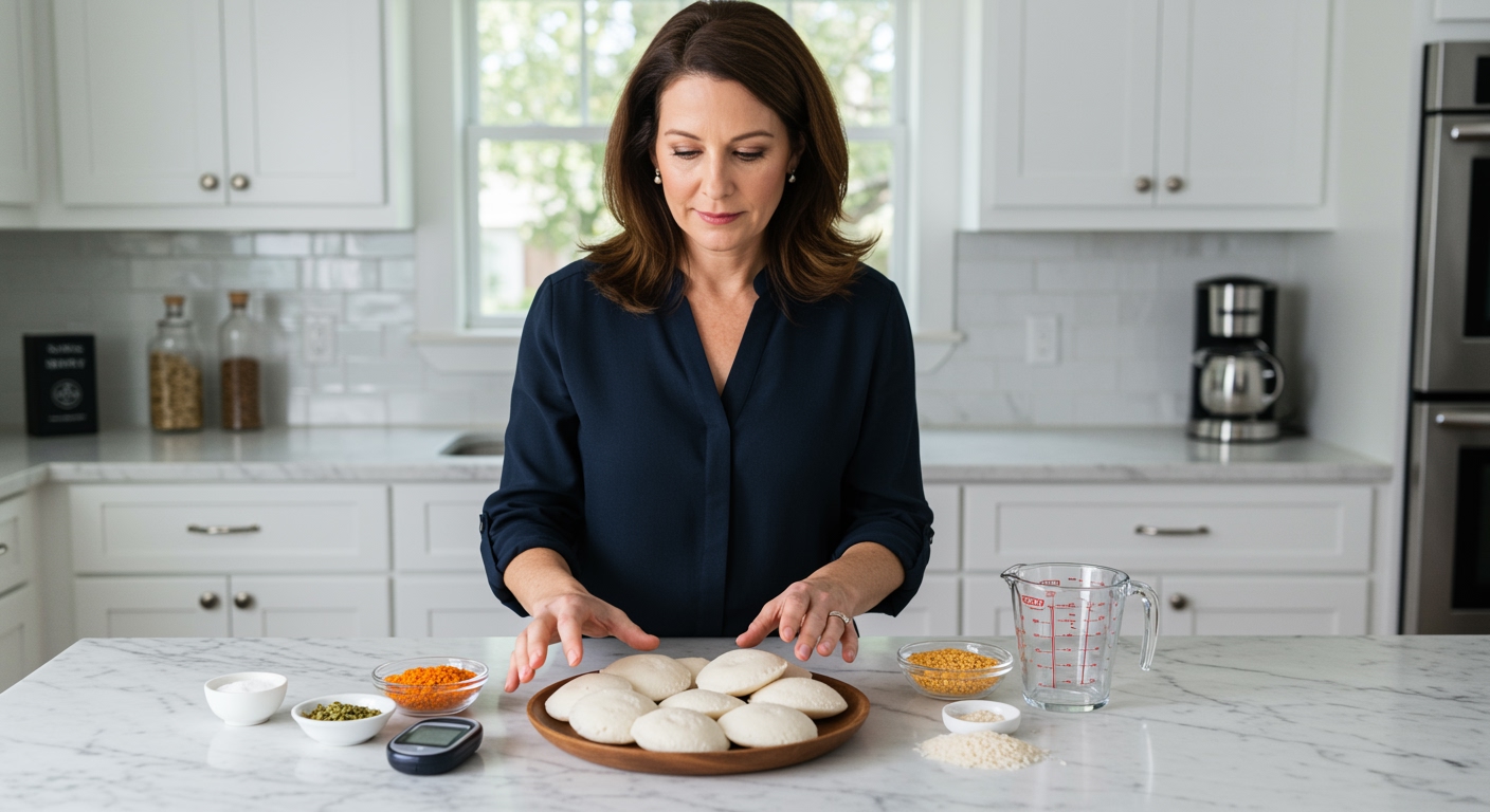 Middle-aged woman looking at white idli cakes on plate with glucose meter and ingredients on marble kitchen counter
