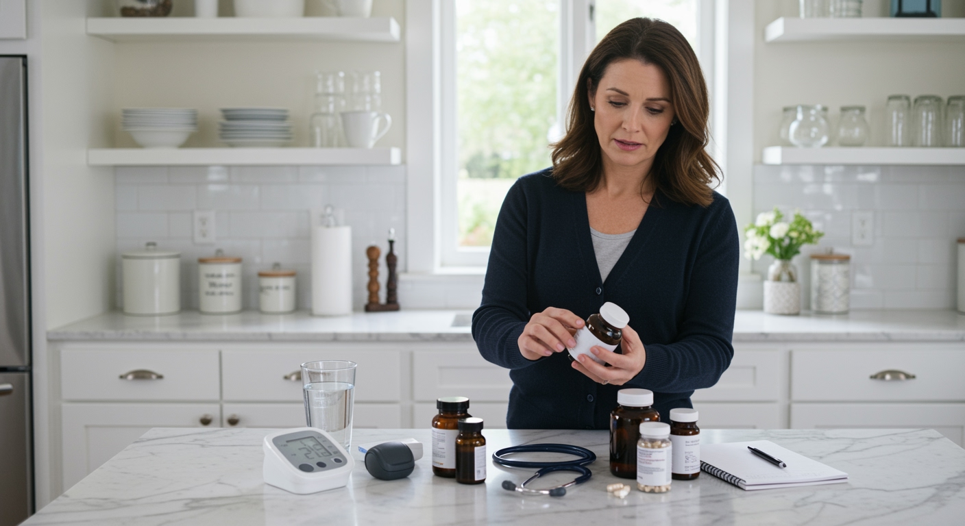 Middle-aged woman examining supplement bottle on marble countertop with blood pressure monitor and health items in modern kitchen
