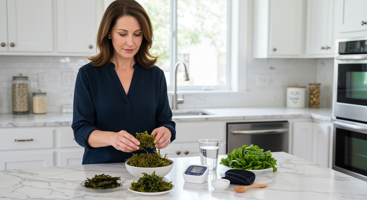 Woman examining dried Irish moss seaweed on marble countertop with blood pressure monitor and healthy foods in modern kitchen