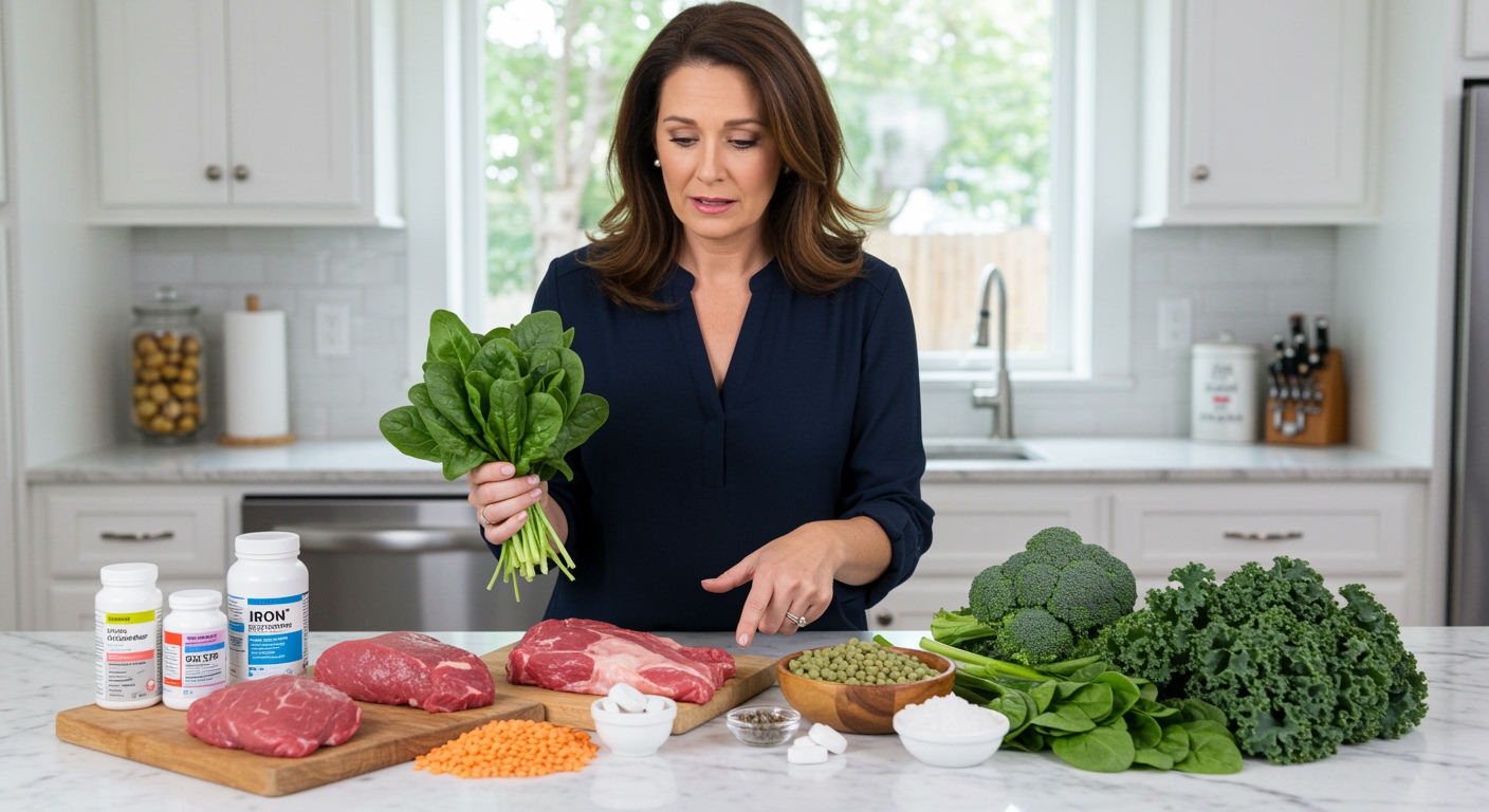 Woman holding spinach leaves while pointing to iron-rich foods and supplements arranged on white marble kitchen counter