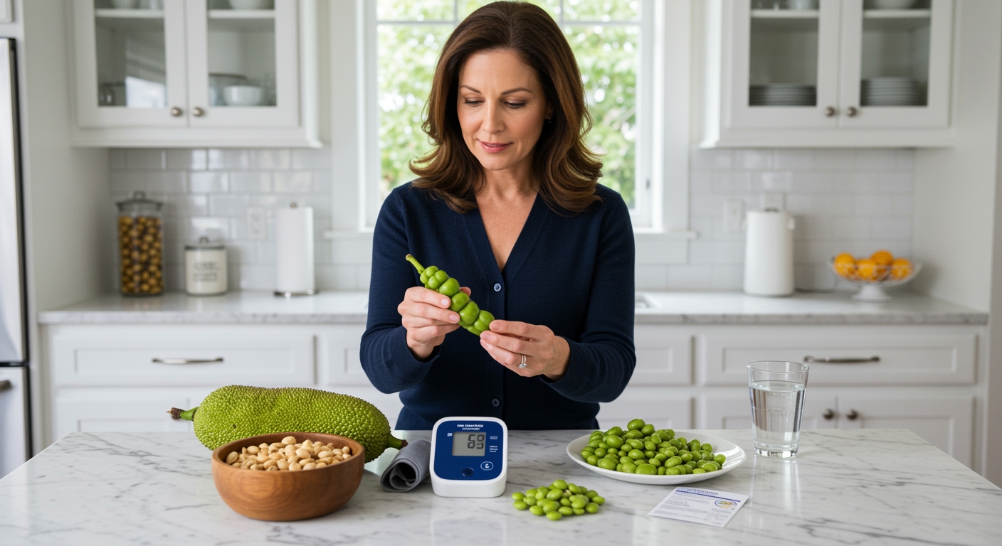 Woman holding jack bean pod while standing behind marble counter with blood pressure monitor and various bean preparations