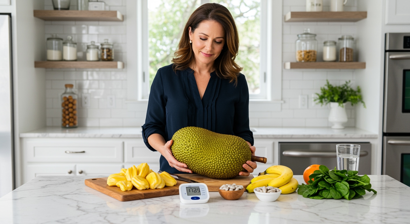 Middle-aged woman holding jackfruit behind marble counter with blood pressure monitor and healthy foods in modern kitchen