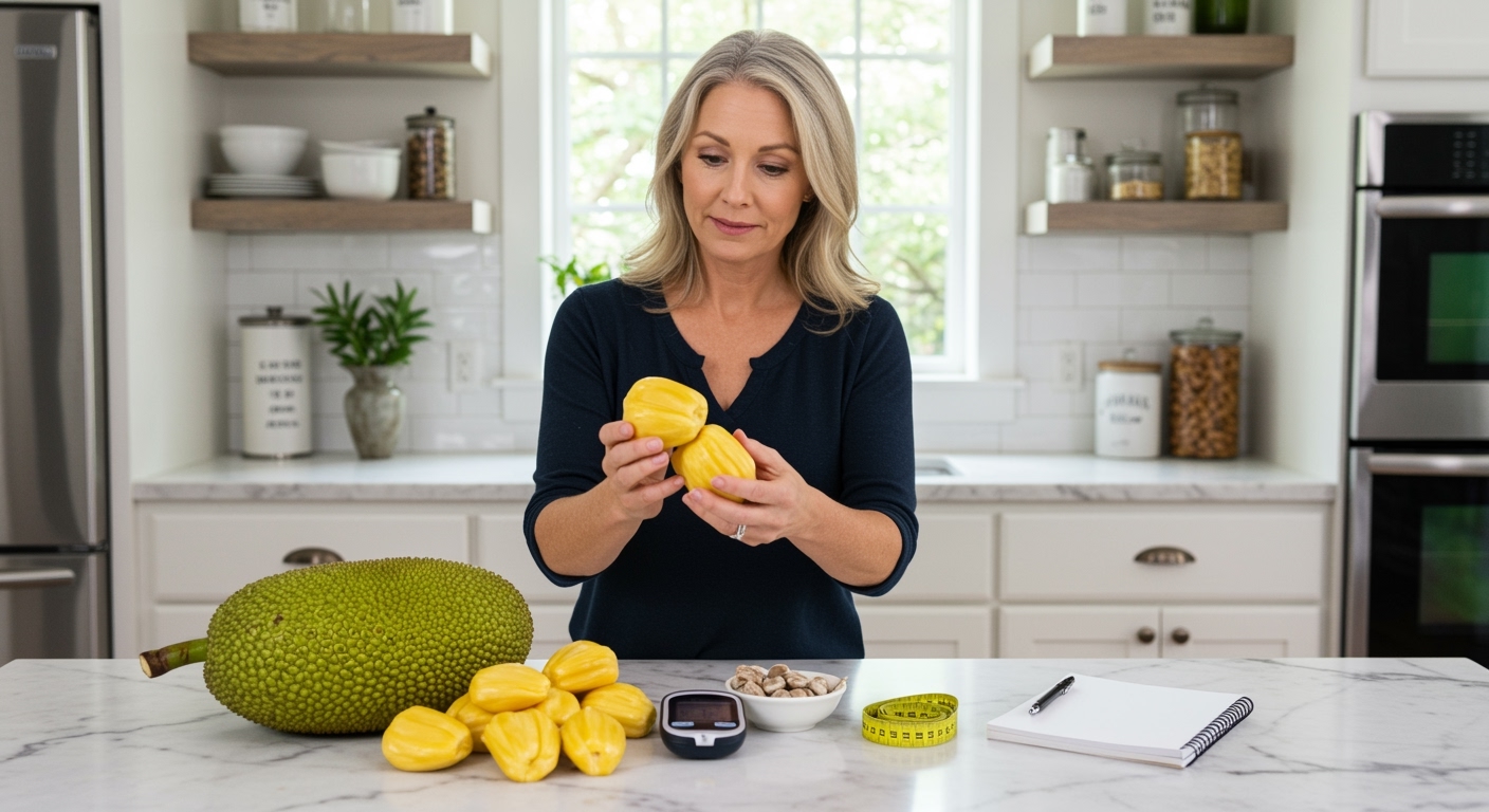 Middle-aged woman holding jackfruit bulb while standing behind marble counter with whole jackfruit, glucose meter, and seeds.