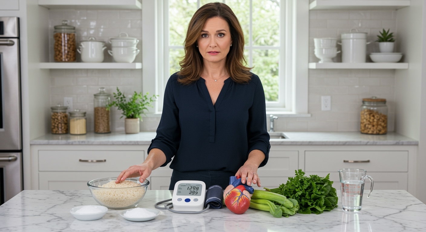 Woman standing behind marble counter with jasmine rice bowl, blood pressure monitor, heart model, and vegetables in bright kitchen