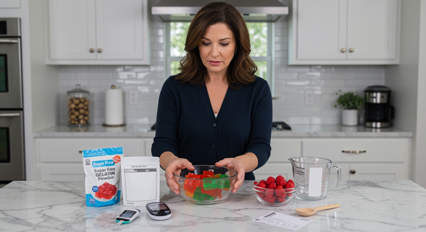 Woman examining jello in glass bowl on marble countertop with glucose meter and sugar-free gelatin powder in modern kitchen