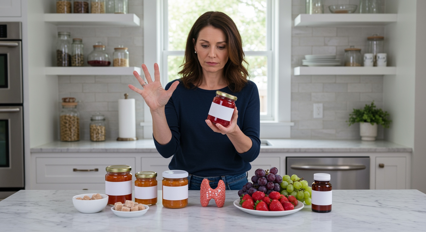 Middle-aged woman holding jelly jar examining it with thyroid gland model and various jelly-related items on marble countertop