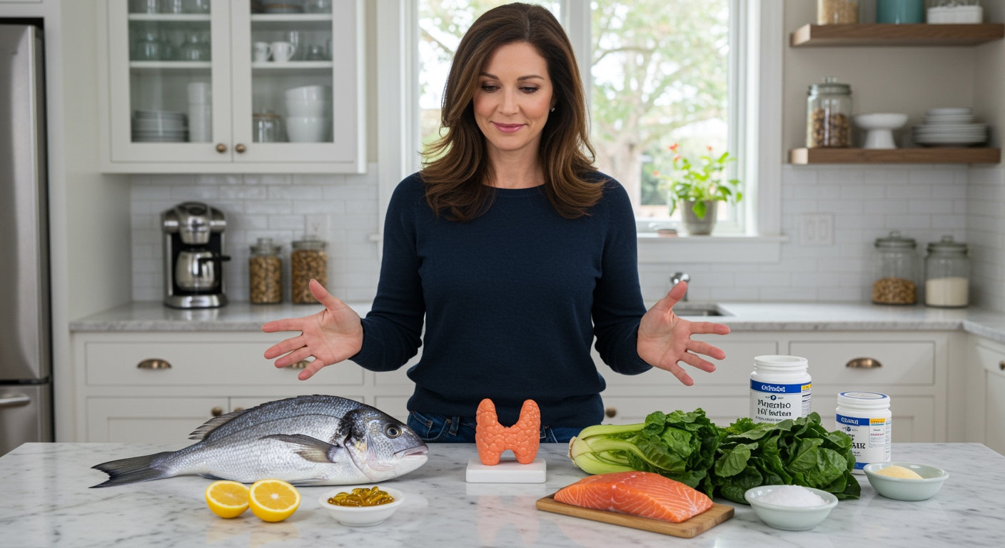 Woman standing behind marble counter with John Dory fish, thyroid model, omega-3 supplements, vegetables, and salmon in bright kitchen