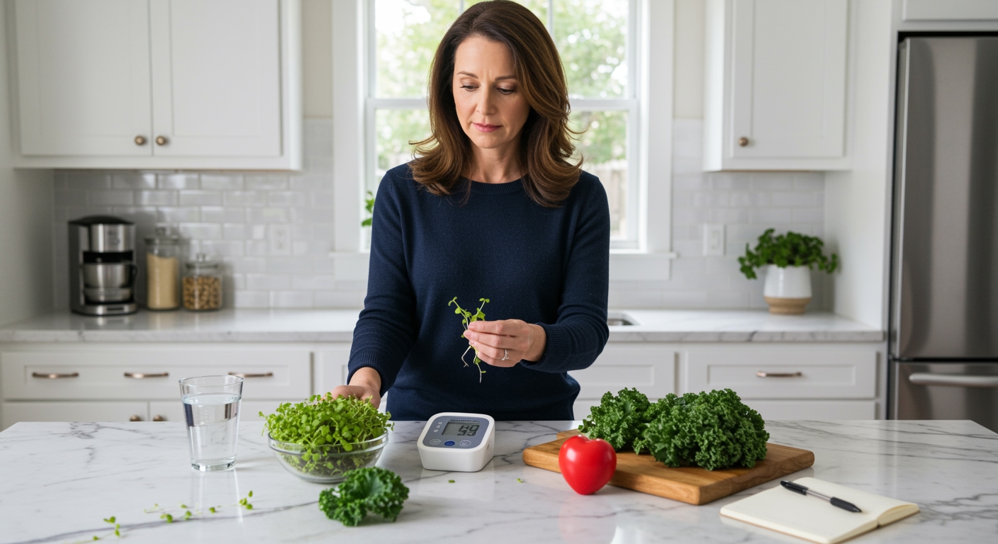 Middle-aged woman holding kale sprouts standing behind marble counter with blood pressure monitor and health items in modern kitchen