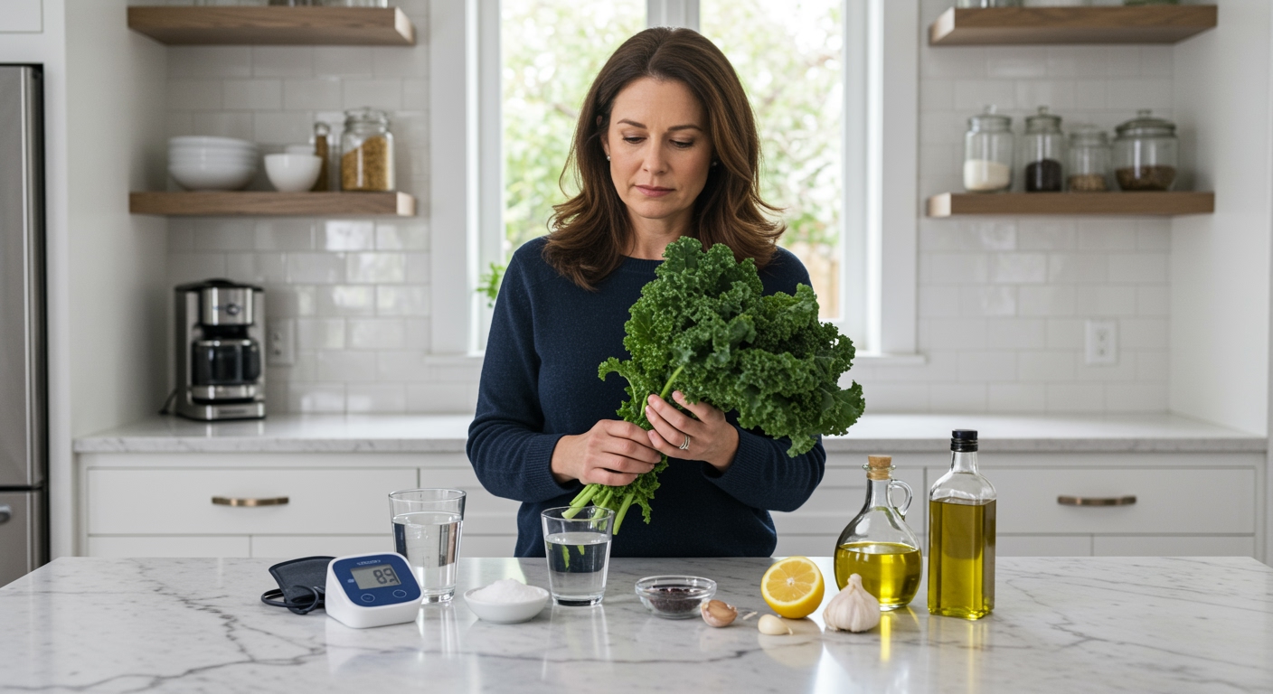 Middle-aged woman holding fresh kale leaves while standing behind marble counter with blood pressure monitor and healthy foods