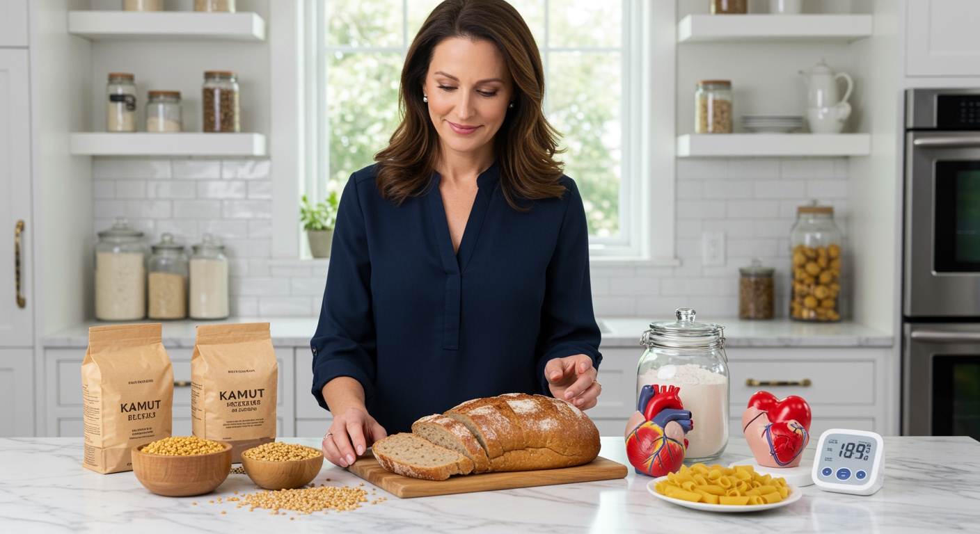 Middle-aged woman examining kamut grain products on marble counter with blood pressure monitor and heart model in modern kitchen