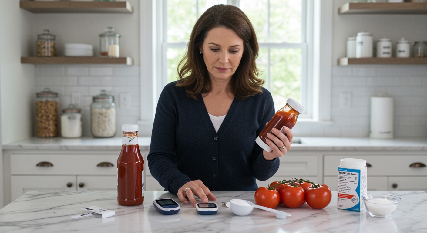Woman holding ketchup bottle while examining blood glucose meter and diabetes testing supplies on marble countertop