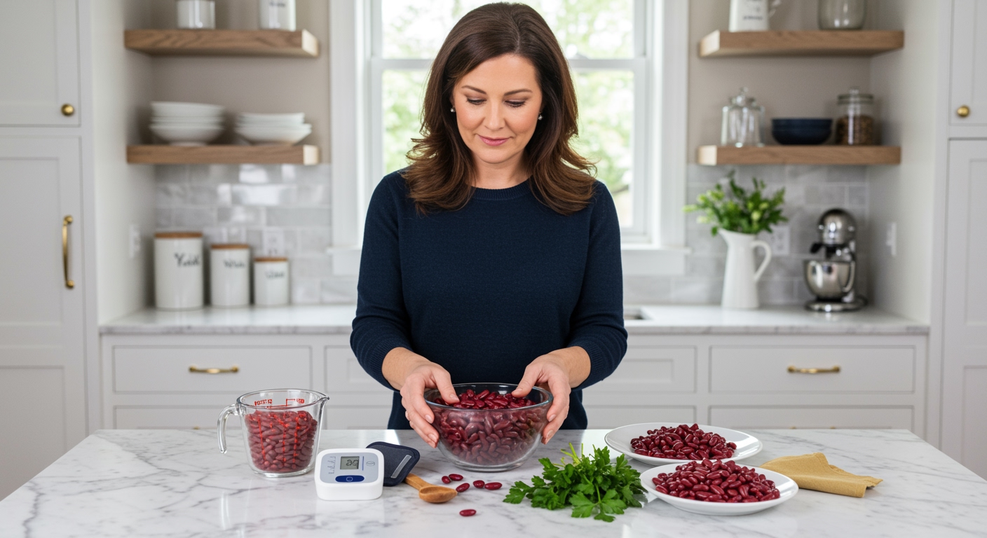 Woman standing behind marble counter examining kidney beans in glass bowl with blood pressure monitor and cooking items
