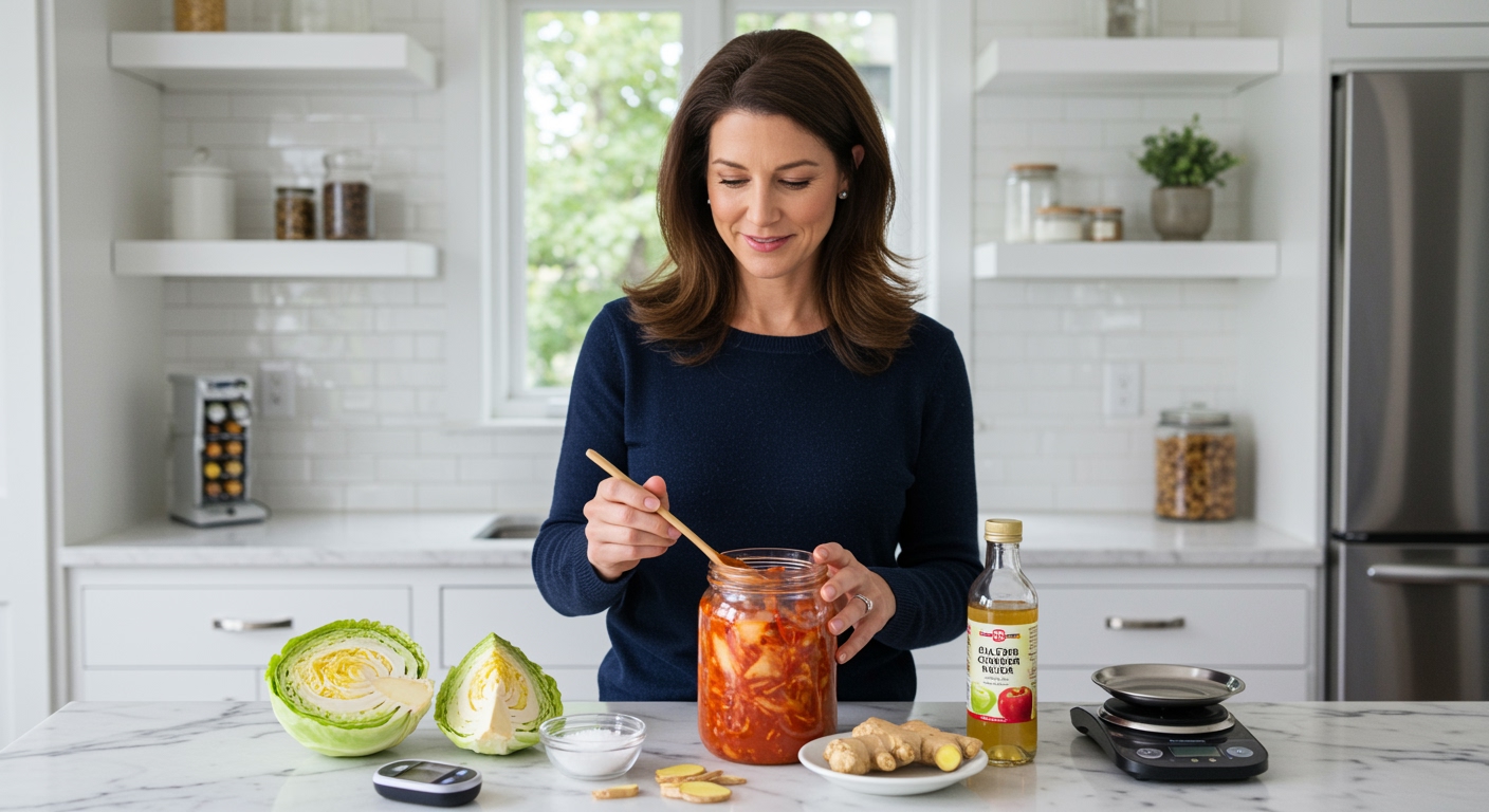 Woman holding kimchi jar and wooden spoon with glucose meter and fermentation ingredients on white marble countertop