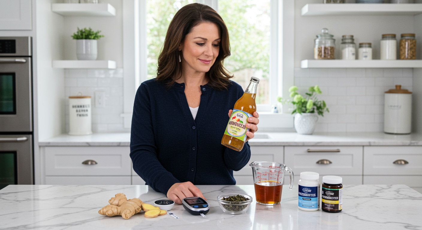 Middle-aged woman holding kombucha bottle with blood glucose meter and health items on white marble kitchen counter