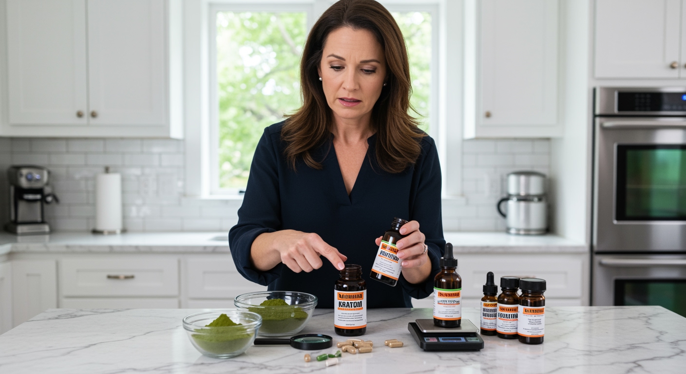 Woman in dark blouse examining kratom bottles and powder on white marble countertop in modern kitchen with warning materials