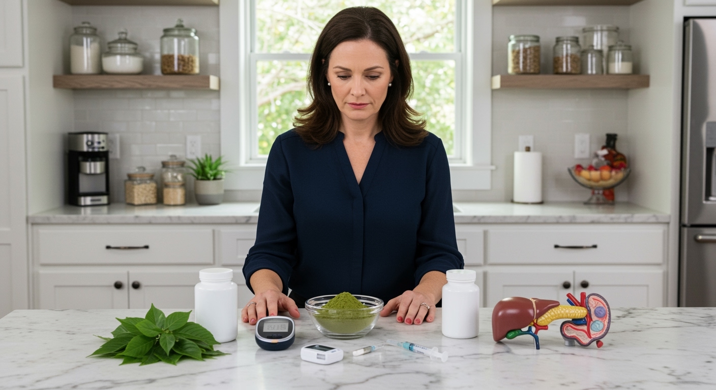 Middle-aged woman standing behind marble counter with kratom powder, glucose meter, supplement bottle, leaves, and organ models