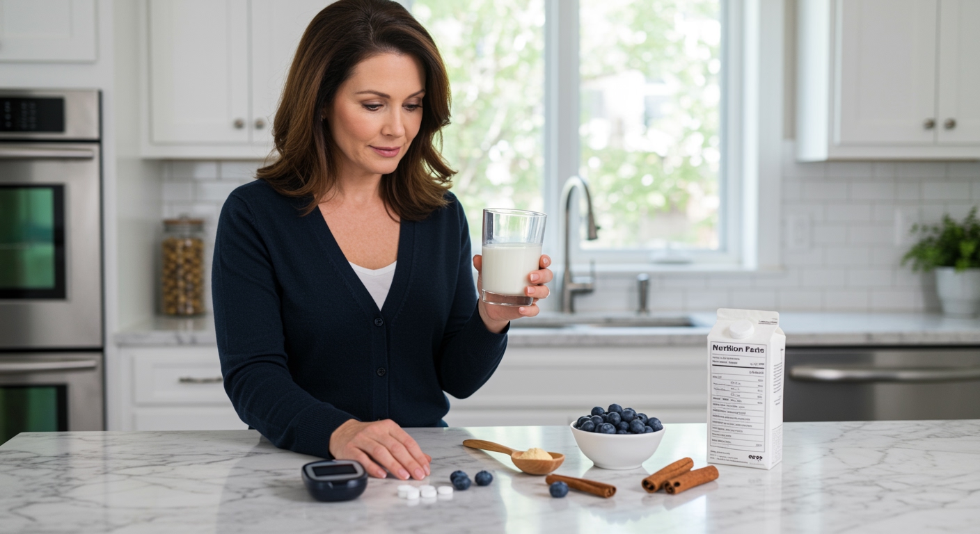 Middle-aged woman holding glass of milk while examining diabetes management items on white marble kitchen counter