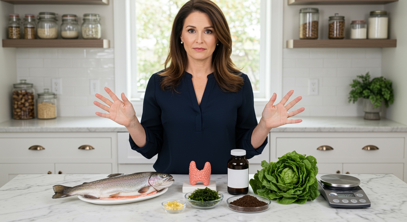 Woman standing behind marble counter with lake trout, thyroid model, and health-related items in bright modern kitchen