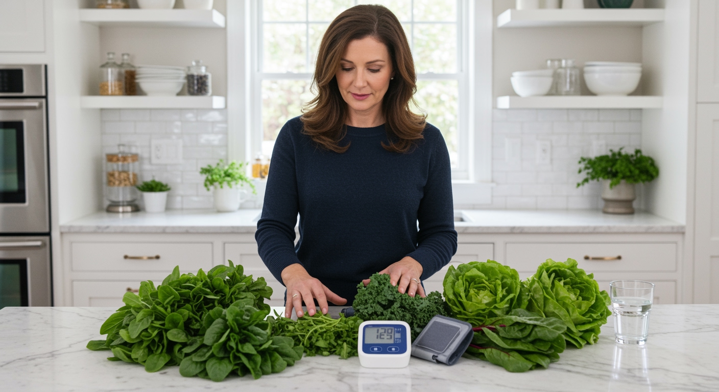Woman arranging fresh leafy green vegetables next to blood pressure monitor on white marble kitchen countertop