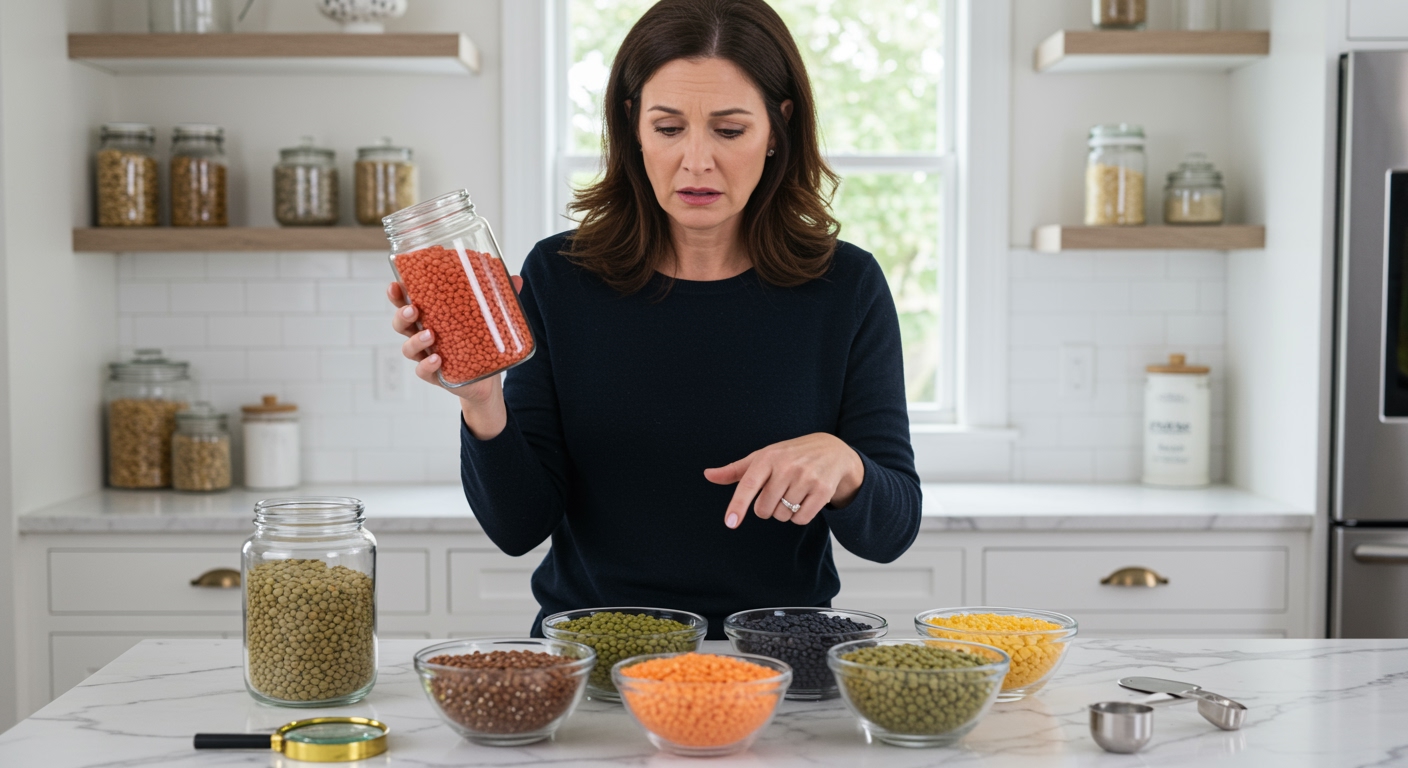 Woman holding jar of red lentils while pointing at bowls of different lentil varieties on white marble countertop in modern kitchen